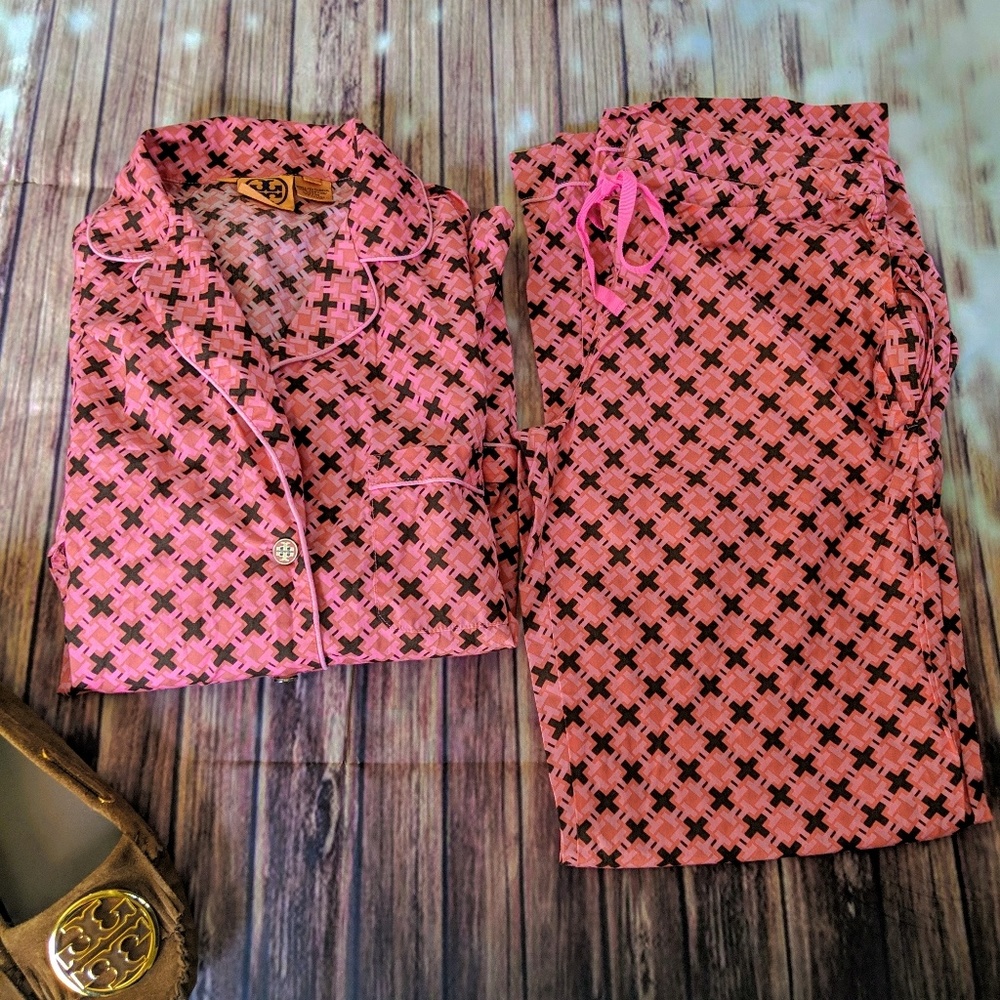 Tory Burch Pink and Black Cross-Print Pajama Set